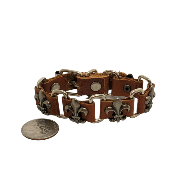Unisex Tan Leather Link Fleur De Lis SilverTone Buckle Bracelet Adjustable Size - Picture 7 of 7